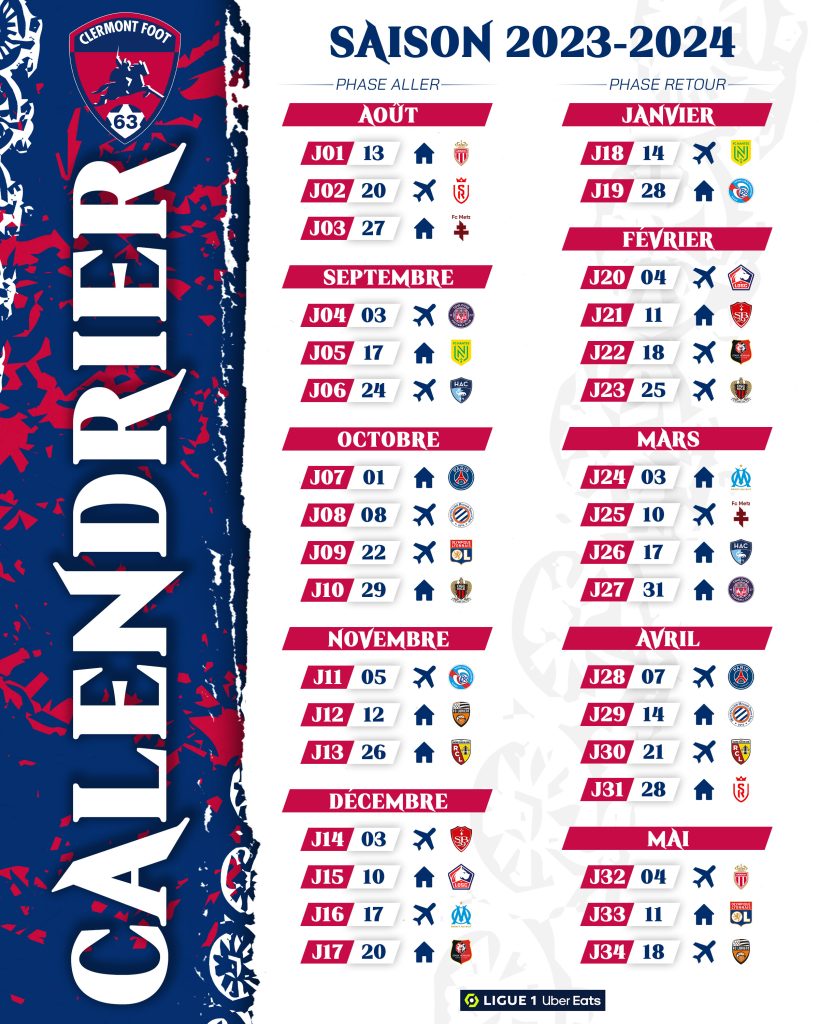 Découvrez le calendrier complet de la saison 20232024 ! Clermont Foot