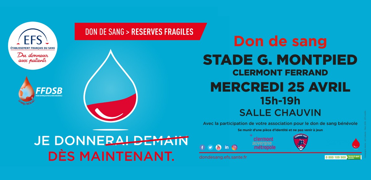 Opération Don du sang ce mercredi au Stade Montpied Opération Don du sang ce mercredi au Stade Montpied